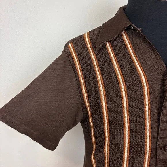 MarVista Sportswear Mens VTG Button Up Polo Shirt Sz S Short Sleeve Brown Stripe - Picture 5 of 17